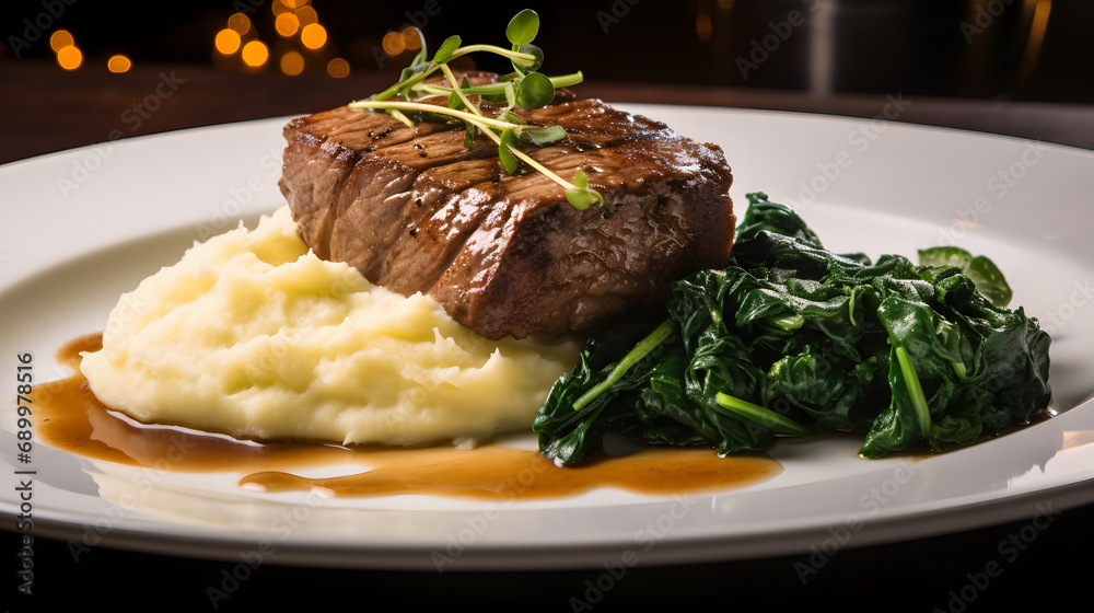 Tender filet served with garlic mashed potatoes and sautéed spinach ...