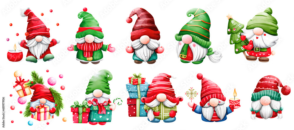 Set of cute Christmas Gnome Clipart Sticker on transparent background, generated ai Set of cute Christmas Gnome Clipart Sticker on transparent background, generated ai