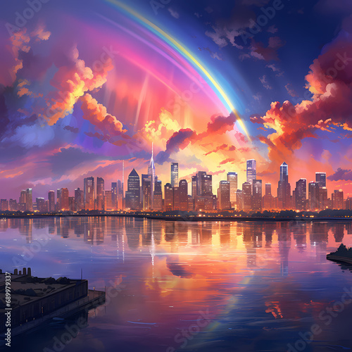 A vibrant rainbow over a city skyline at dusk. © Cao