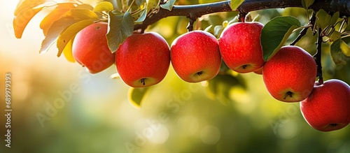 Selective focus of apples on a branch of an apple tree.
