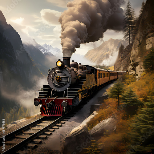 A vintage steam locomotive traveling through a mountain pass