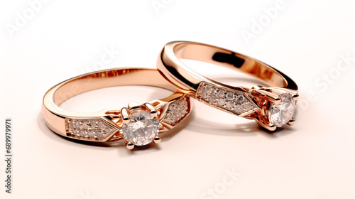 A pair of luxury diamond rings, shiny texture on the ground, on a white background.