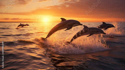 A group of beautiful bottlenose dolphins leap out of the sea at sunset. © เลิศลักษณ์ ทิพชัย