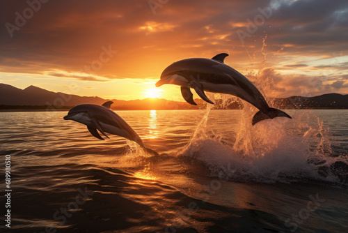 A group of beautiful bottlenose dolphins leap out of the sea at sunset.