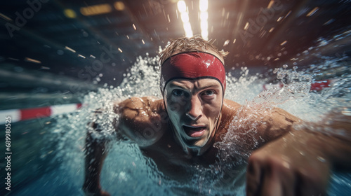 Portrait of a swimmer in the pool The action is packed with close-ups of swimmers immersed in the tense muscles of the water and athletic competition.