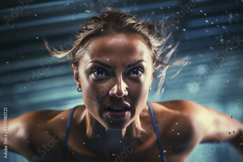 Portrait of a swimmer in the pool The action is packed with close-ups of swimmers immersed in the tense muscles of the water and athletic competition.