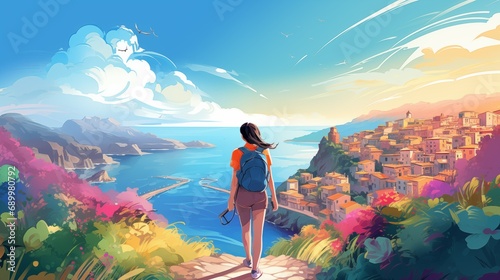 A vibrant and lively vector-style illustration of a woman, a tourist with a backpack, walking through a beautiful and colorful travel destination photo