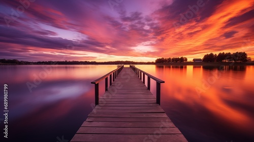 A serene lakeside scene with a wooden dock, calm water, and a colorful sunset in the background © Sajib