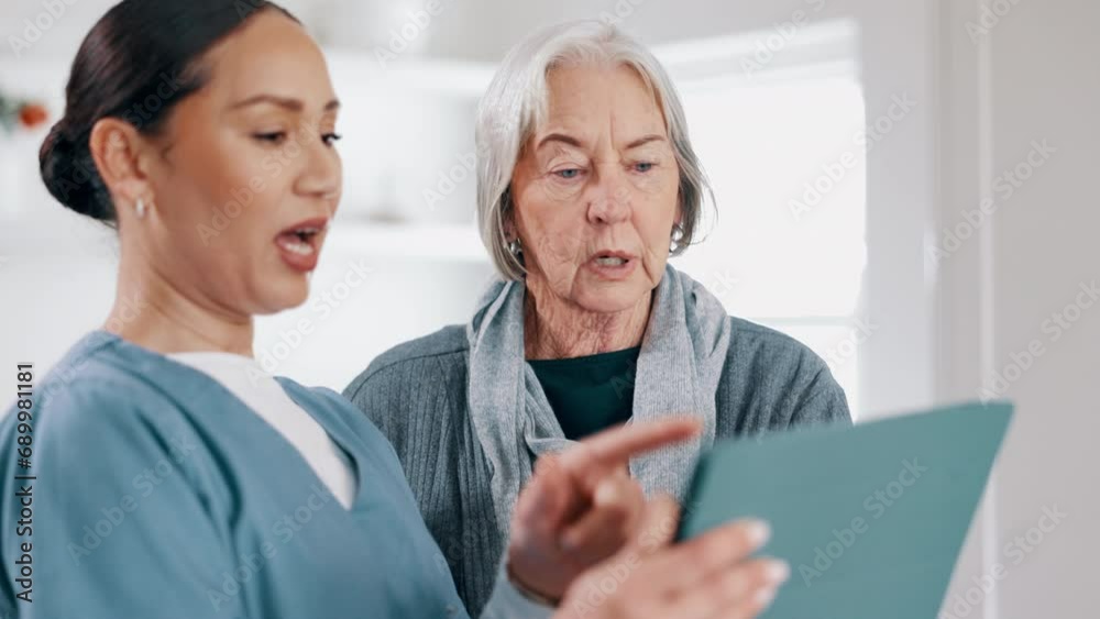 Senior woman, home nurse and tablet for healthcare results, talking of insurance and planning medical care. ADN caregiver or doctor with retirement help and advice for elderly patient on digital tech