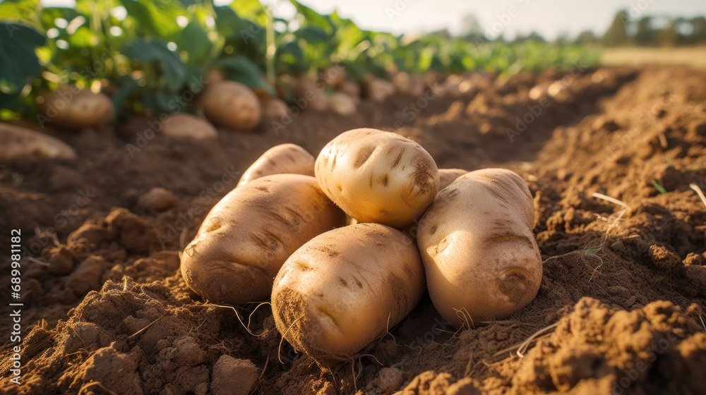 Close-up of freshly dug potatoes in the field soil at sunset, Picking potatoes on the field, healthy organic produce.