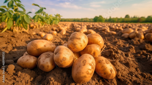 Close-up of freshly dug potatoes in the field soil at sunset  Picking potatoes on the field  healthy organic produce.