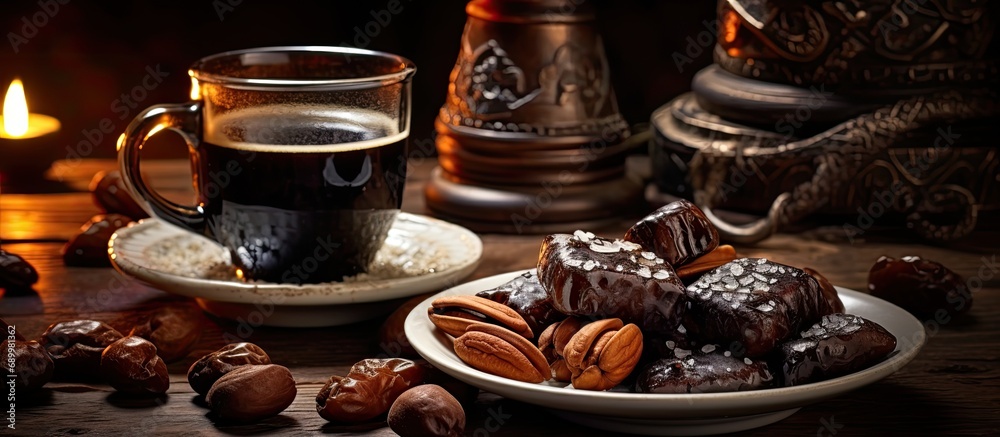 Turkish coffee and filled dates - Middle Eastern setup.
