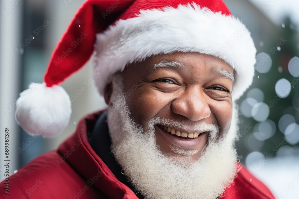 African American Santa Claus in red costume Happy smile and Christmas hat Happy New Year, Merry Christmas concept. African American Santa Claus in red costume Happy smile and Christmas hat Happy New Year, Merry Christmas concept.