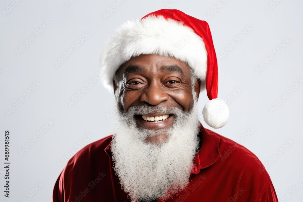 African American Santa Claus in red costume Happy smile and Christmas hat isolated on white background Happy New Year, Merry Christmas concept. African American Santa Claus in red costume Happy smile and Christmas hat isolated on white background Happy New Year, Merry Christmas concept.