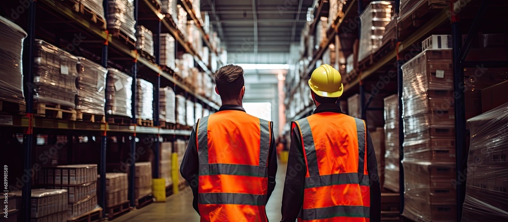 Fototapeta premium Warehouse workers in vests approaching the camera.