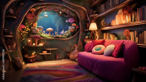 A cozy reading nook in Whimsical Wonderland Chambers  with a magical-themed bookshelf  whimsical seating  and fantastical lighting  providing a joyful space for leisure and imaginative escape.