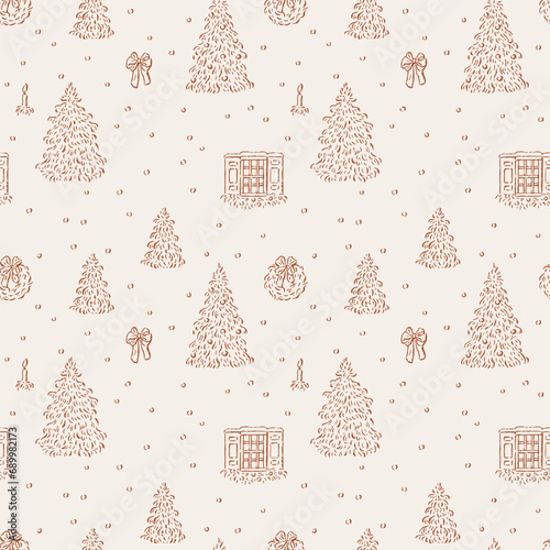 Seamless texture of fir trees in the snow.Cozy winter holiday illustration.Illustrations for background.