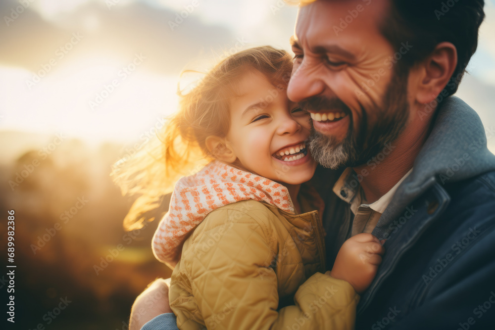 Obraz premium Happy family with young girl hugging her dad with smile and laughs , father daughter relationship concept image