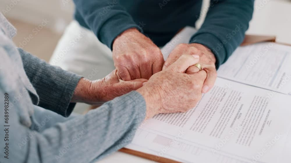 Holding hands, insurance and finance with a senior couple closeup in their home for accounting or budget. Stress, tax or debt with an elderly man and woman reading information for pension or will Holding hands, insurance and finance with a senior couple closeup in their home for accounting or budget. Stress, tax or debt with an elderly man and woman reading information for pension or will