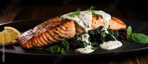 Grilled salmon with spinach, cream, and lemon. photo