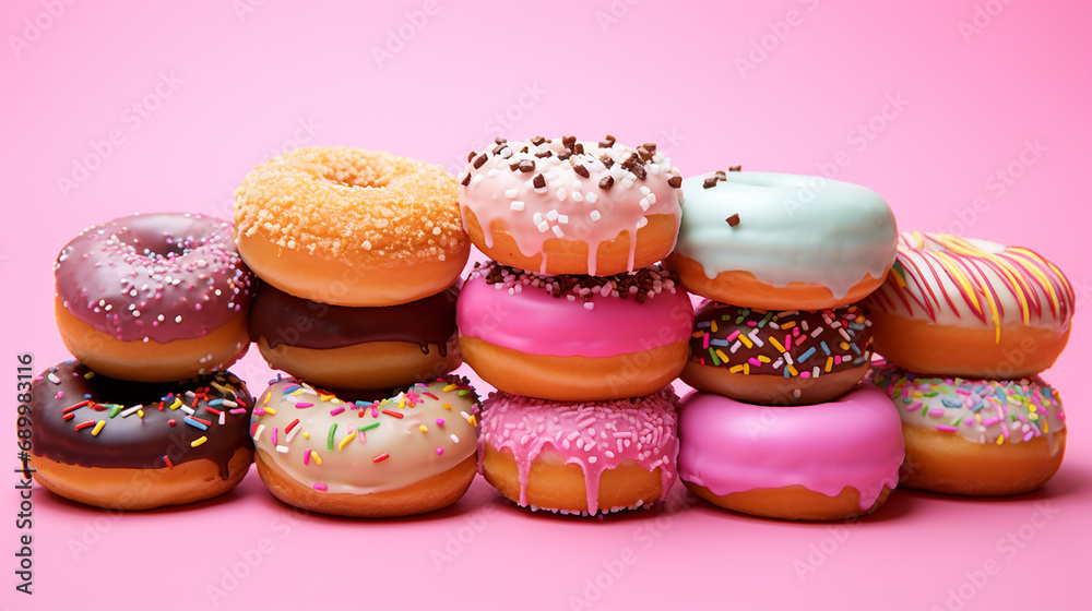 Mix of multicolored sweet donuts with sprinkles on a pink background Mix of multicolored sweet donuts with sprinkles on a pink background