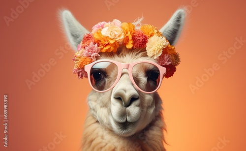 llama in sunglass shade glasses isolated on solid pastel background, Generative AI