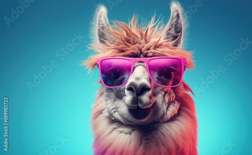 llama in sunglass shade glasses isolated on solid pastel background, Generative AI © salahchoayb