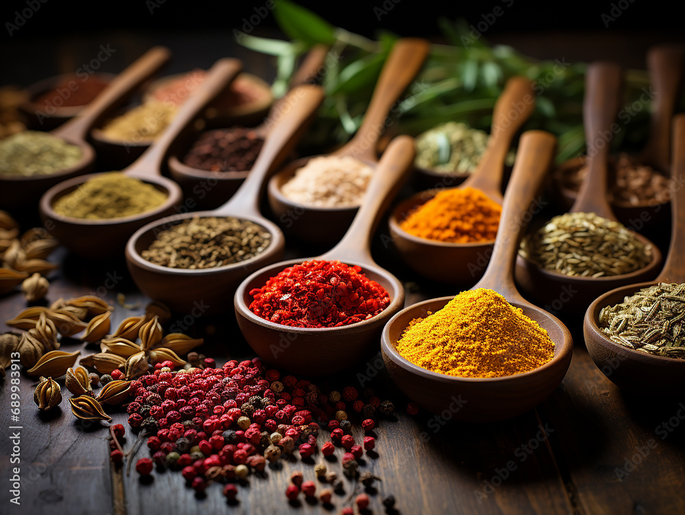 Colorful various herbs and spices for cooking on a dark background