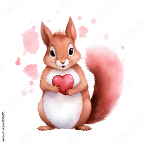 Cute watercolor style squirrel with heart valentine gift card design isolated on transparent background