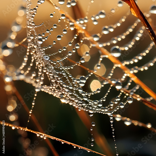 A close-up of dewdrops on spiderwebs in the morning.