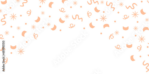 Carnival Banner with Peach fuzz paper Confetti. Big horizontal holiday poster with Confetti, serpantine and space for text isolated on transparent background. Vector illustration. New Year backdrop. photo