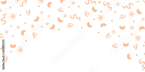 Carnival Banner with Peach fuzz paper Confetti. Big horizontal holiday poster with Confetti, serpantine and space for text isolated on transparent background. Vector illustration. New Year backdrop.
