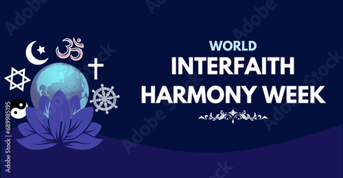 World interfaith harmony week, religion icons with earth and lotus flower Aesthetic Design