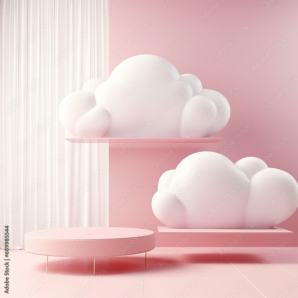 Fototapeta premium Beautiful 3D background. Mockup, template to present your product. Pink podium and clouds 