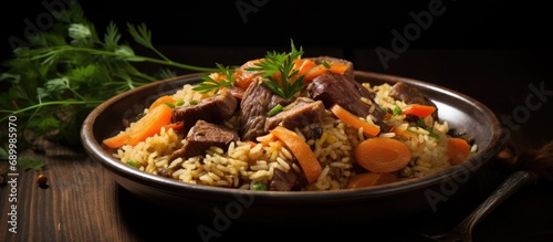 Pilaf with meat and carrots served by a cook street side.