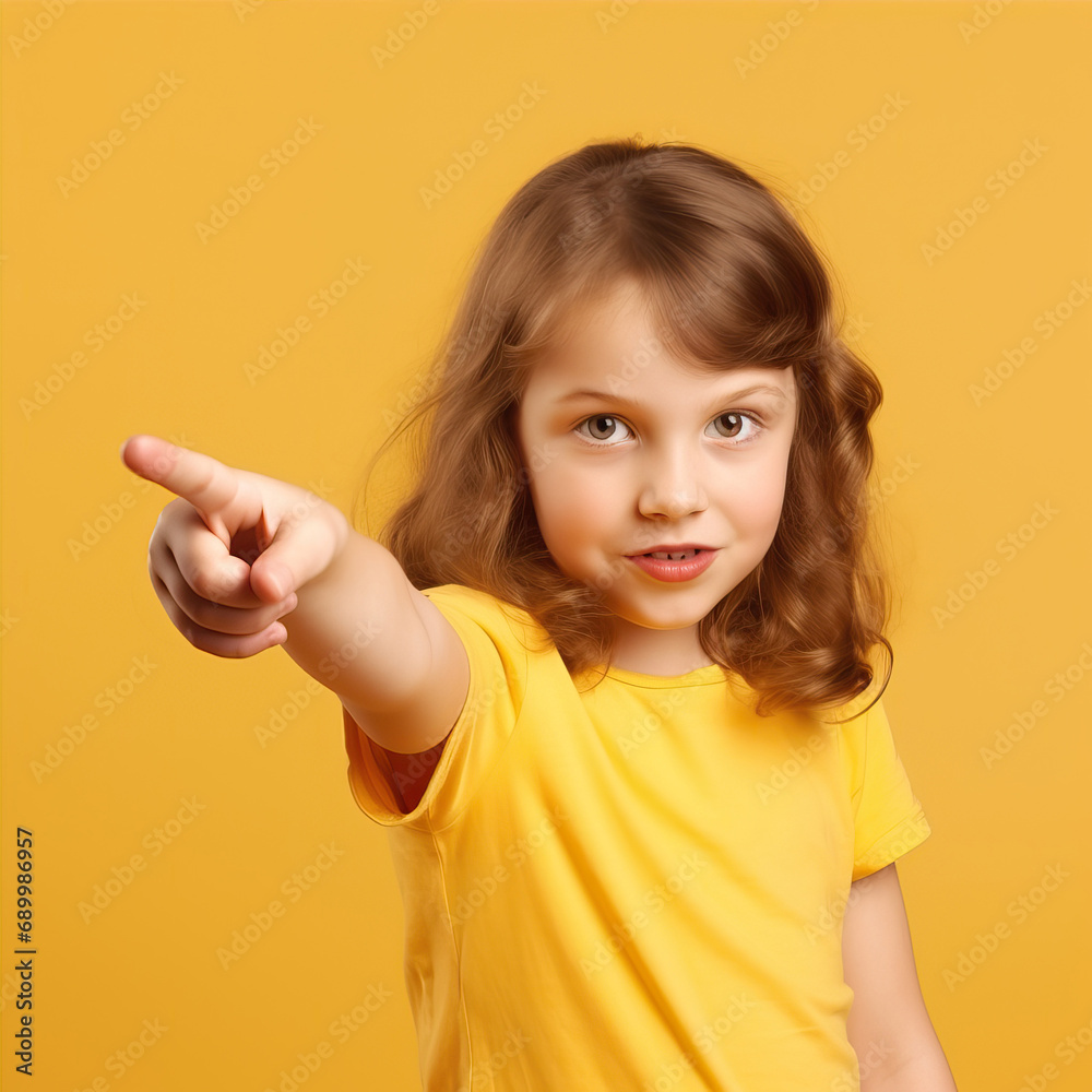 Little girl on a yellow background points with her finger Little girl on a yellow background points with her finger