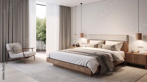 A wide-angle view of the bedroom in Scandinavian Chic Resting Place, showcasing the simplicity and elegance of Scandinavian design with minimalistic furnishings and thoughtful arrangements.