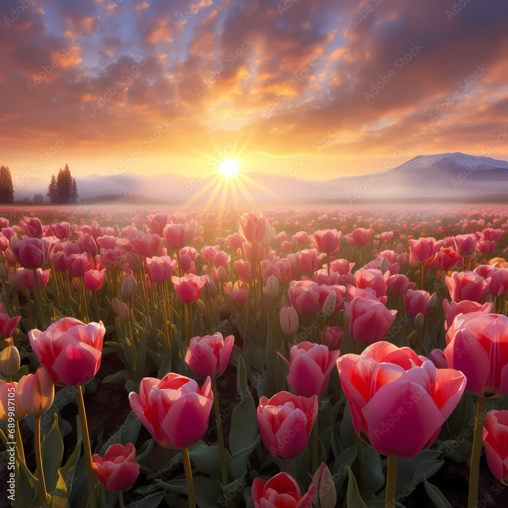 A field of tulips in the soft glow of sunrise.