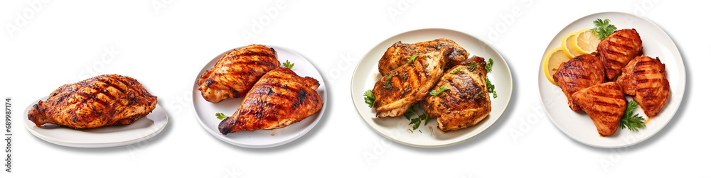 set of grilled chicken dishes on transparent background, generative ai