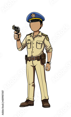 Indian police officer in uniform with gun. Policeman on duty