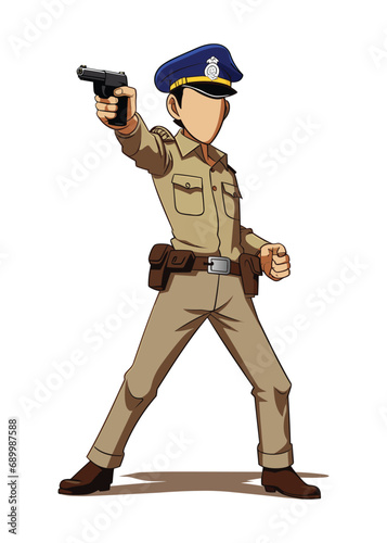 Indian police officer in uniform with gun. Policeman on duty