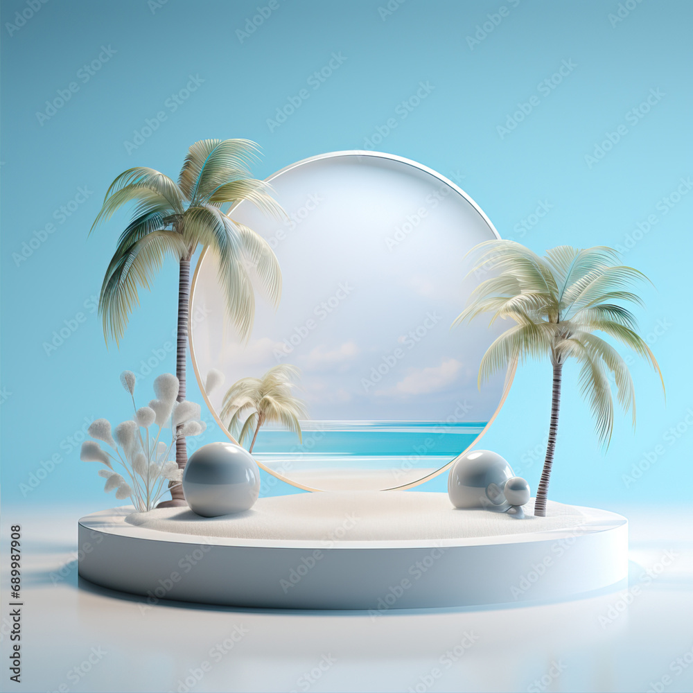 Fototapeta premium Beautiful 3D background frame between palm trees. Mockup, template to present your product