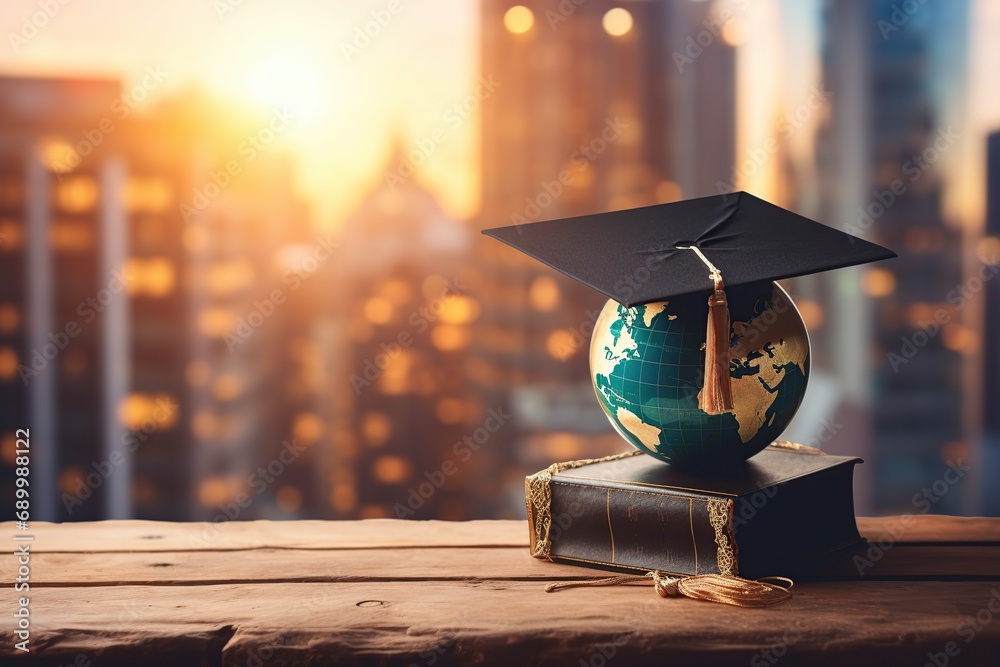 Graduation cap with earth globe, concept of global business study, Generative AI - obrazy, fototapety, plakaty 