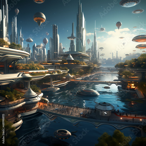 A futuristic city with floating platforms