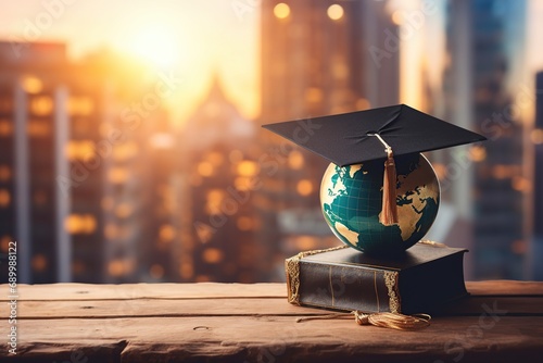 Graduation cap with earth globe, concept of global business study, Generative AI photo