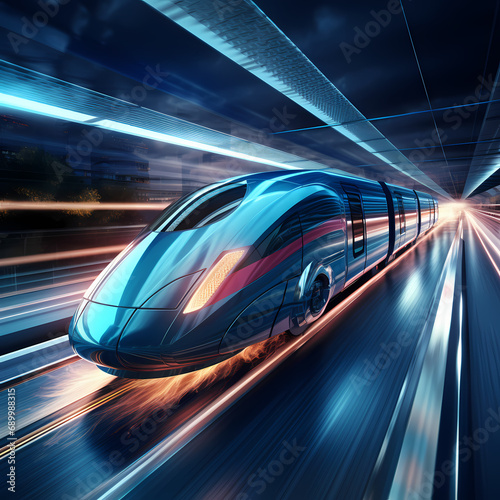 A futuristic high-speed train speeding through a tunnel.