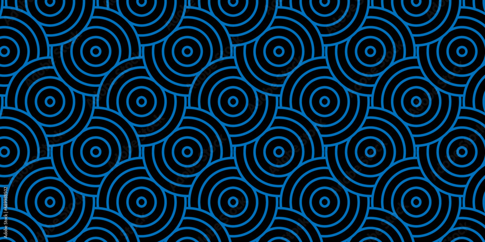 Abstract Pattern with circle wave lines blue seamless silk fabric geomatics overlapping create retro square line backdrop pattern background. Overlapping Pattern with Transform Effect.