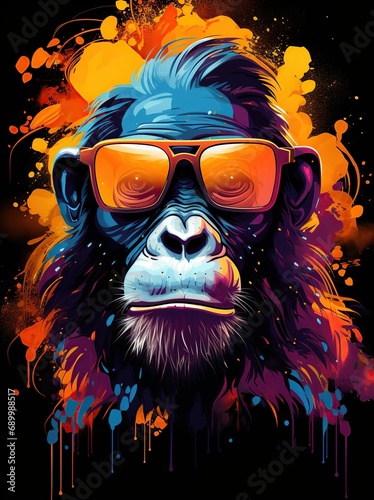 Graphic t-shirt design, print with colorful stylish ape, Generative AI
