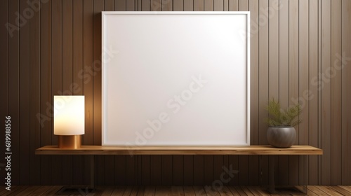 3D mockup scenario where the blank frame with podiums and Wooden Picture Frame Portrait White is placed on a woody wall in a display room 