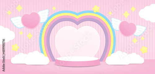 cute kawaii heart shape rainbow arch backdrop with pink podium display and flying heart on sweet pastel pink floor and wall background with cloud and star 3d illustration vector for putting object